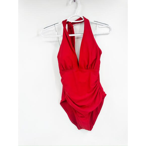 Tommy Hilfiger Red Ruched Halter Tummy-Control One-Piece Swimsuit Size 6 NWT - Picture 2 of 7